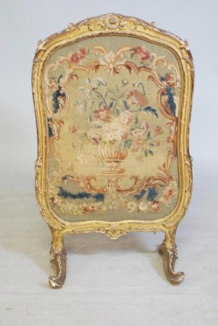 ANTIQUE LOUIS XV GILT FIRE SCREEN: Gilt wood retractable screen with floral and urn aubusson panel. In good "as found" condition.
