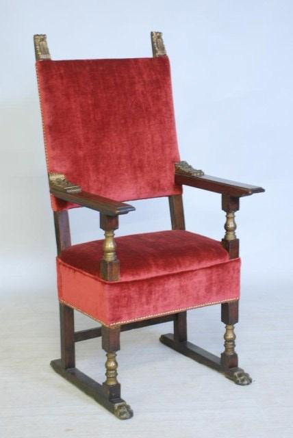 ANTIQUE ITALIAN RENAISSANCE THRONE CHAIR: Walnut with red velvet upholstery. In good "as found" condition.