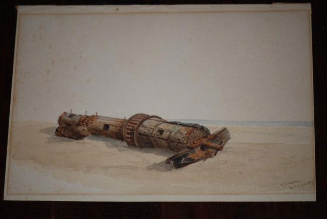 WATERCOLOR BY GEORGE STANFIELD WALTERS: Mast on a beach, on paper, signed lower right G. S. Walters, Port Eyaon, 1876, 10" x 14" . Some foxing.