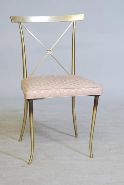 BRONZE CHAIR ATTRIBUTED TO TOMMY PARZINGER: "X" designed back splat with upholstered seat, 32 1/2"h x 18"w x 16 1/2"d. Some discoloration at the top of the front legs, otherwise in good condition.
