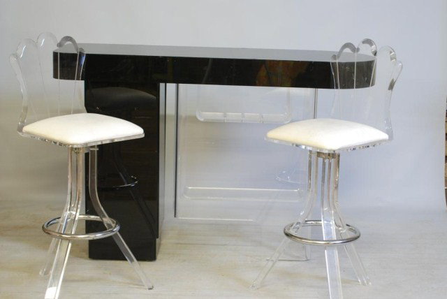3-PC. LUCITE BAR SET: 2-stools (seats need recovering), 44 1/2"h x 16"w x 16"d, 1-bar, lucite and black plastic, 40 1/2"h x 60"w x 20"d.