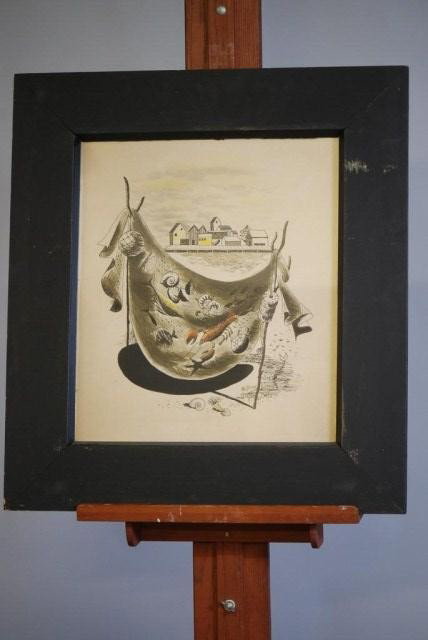 M.WEINER "THE LOBSTER" FRAMED ART WORK: Waterfront scene, abstract, signed Weiner lower right, labeled on back M* Weiner, 314 S. Broad Street "The Lobster", ebonized wood frame, 20"h x 17"w. In good condition