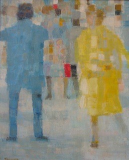 MICHEL THOMPSON OIL ON CANVAS: French (1921-2007), titled: "GROUPE", dated 1960, gallery label on reverse - Baincini Gallery, New York, NY, 13" x 10 1/4". In good condition.