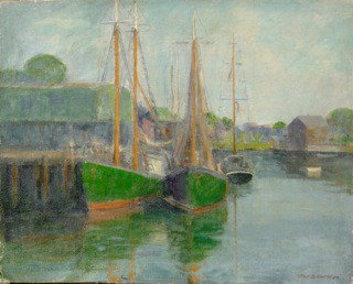 ALLEN DEAN COCHRAN OIL ON BOARD: American (1888-1971), "BOATS ALONG DOCK", 16" x 20". In good condition.