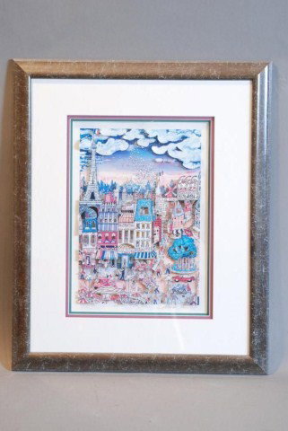 CHARLES FAZZINO "OH-LA-LA, PARIS": Artist signed lower right, number 261/475, lacquered wood frame, art work 14"h x 10"w, frame 23"h x 19"w. In good condition.