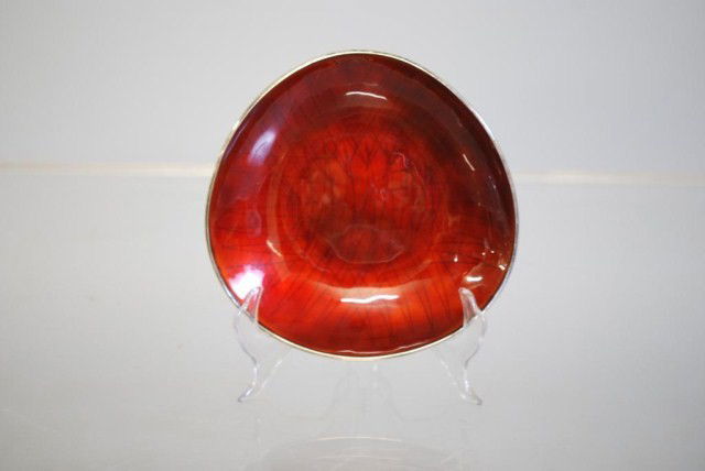 STERLING SILVER DANISH BOWL: Red enameled interior, signed on bottom A. Michelsen, Copenhagen 11.9 EJ, sterling, Denmark; 7 1/2"h x 7"w. In good condition. 10.85 TO.