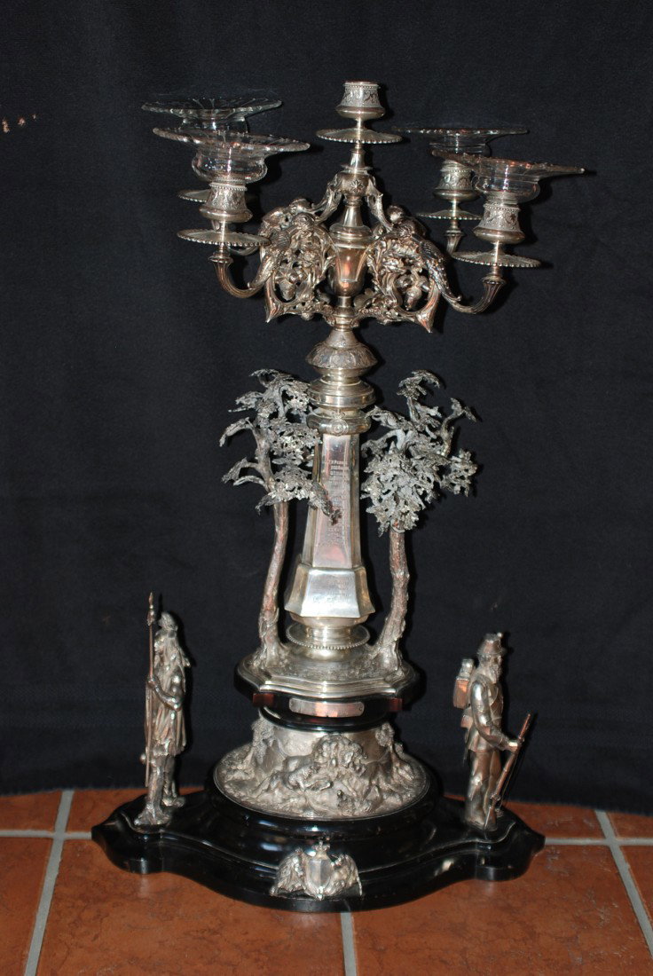 IMPORTANT S.S. ROYAL CANADIAN CENTERPIECE: Large Hunt and Roskell military centerpiece, Royal Canadian Rifle Regiment, started 1841 and disbanded in 1870, four candelabrum arms with etched glass dish inserts and acorn and oak leaf supports, ce