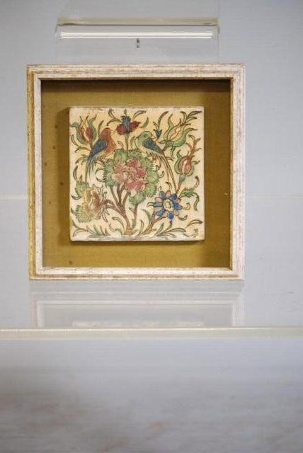 MIDDLE EASTERN FRAMED TILE: Bird and flowers, 8"h x 8"w. In good condition.