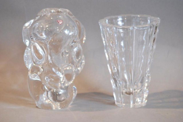 2-ORREFORS CRYSTAL VASES: Made in Sweden, 1-Free form, 9"h x 6"diameter, 1-Trumpet form, 8"h x 5 1/2"diameter. Both in good condition.