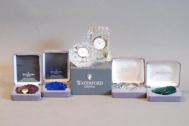6-PC. WATERFORD CRYSTAL GROUP: 1-Diamond shape Quartz Desk Clock, 3 1/2"h x 3 1/2"w x 2 1/2"d, 1-Tower Quartz Desk Clock, 4"h x 2 3/4"w x 1 1/2"d, 2-Shell shape Paperweights (1 purple, 1 blue), 2 3/"h x 2 1/2"w, 2-Heart shape Paper