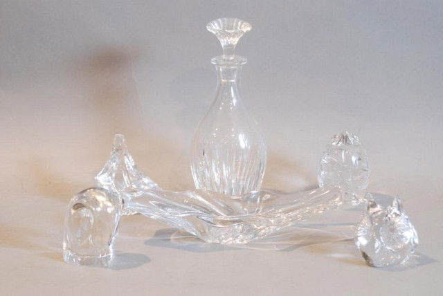 6-PC.CRYSTAL GRP/INCLUDES BACCARAT & DAUM ITEMS: 1-Baccarat Decanter, 11"h x 4 1/2"diameter, 1-Baccarat Bowl, 2 1/2"h x 12"w x 5"d, 1-Daum Owl form Paperweight, 3 1/2"h, 1-Orrefors Elephant form Paper-weight, 4"h, 1-Franklin Mint Free form Paperweig