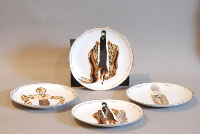 4-HOUSE OF ERTE PLATES: 2-Mystic,1-Plum Blossom, 1-Willow Tree, 8"diameter. In good condition.