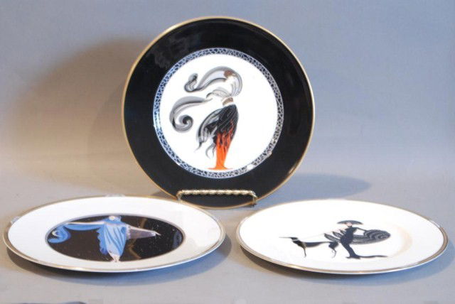 3-LARGE ERTE PLATES: 1-Symphony in Black, 12"diameter, 1-Flames D'Amour, 12"diameter, 1-Moonlight, 12 1/2"diameter. All in good condition.