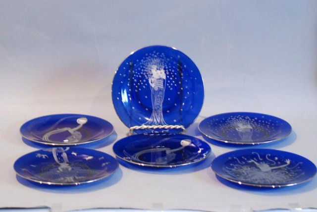 6-ERTE COBALT PLATES: Cobalt Glass, copyright Seven Arts Ltd., 8"diameter, 2-Fantasia, 2-Fire Flies, 1-Applause, 1-Her Secret Admirers. All in good condition.