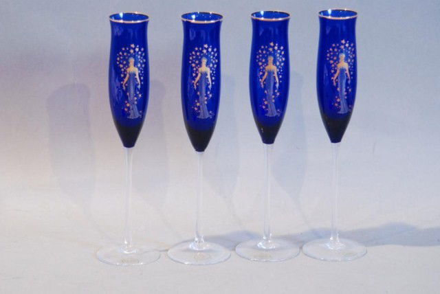 5-ERTE COBALT DECORATED"STAR STRUCK"FLUTES & VASE: 4-Flutes, 10 1/2"h x 2 1/2"diameter, 1-Vase -Fire Flies, 10"h x 5"diameter. All in good condition.