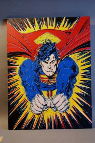 SUPERMAN BURST BY STEVE KAUFMAN OIL ON CANVAS: Certificate of authenticity, numbered 99/250, signed on back SAK, Art/Studio N. Hollywood CA 11/28/1995. 40"h x 30"w. In good condition.