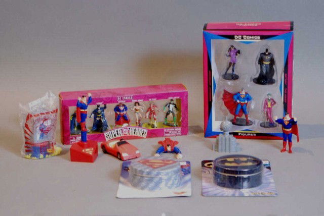 GROUP OF D.C. COMIC FIGURES: 1-Box of 4, 1-Box of 6, 6-Loose pieces, 1-Superman coaster set, 1-Batman coaster set. All in good condition.