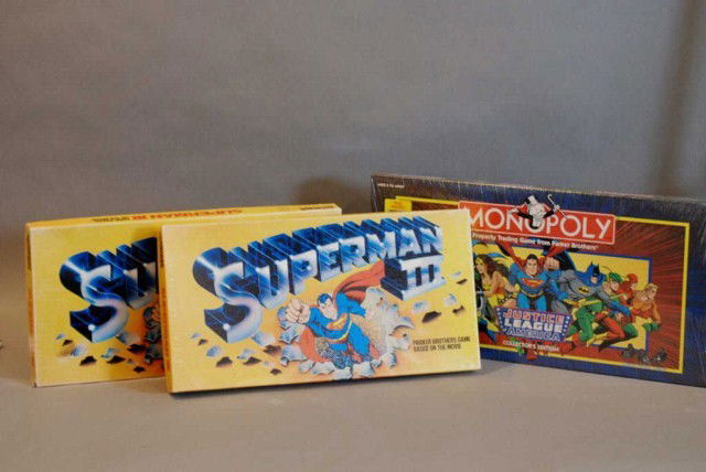 3-SUPERMAN GAMES: 2-Parker Brothers Superman III, based on the movie, open boxes, 1-Monopoly Justice League of America, collector's edition, unopened. All in good condition.