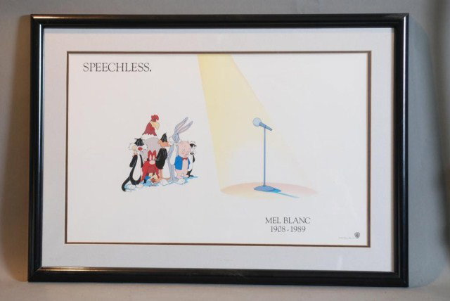 "SPEECHLESS" FRAMED ART WORK: Mel Blanc 1908-1989 Tribute, Warner Bros. Inc. 1989, art work 15-1/4"h x 24-1/2"w, frame 22"h x 31"w. In good condition.
