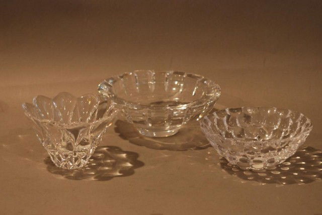 3PCS. OF ORREFORS CRYSTAL: 1-Miniature daisy bowl, 4"h x 6 1/4"diameter, 1-Reeded bowl, 3 1/4"h x 9"diameter, 1-Rasberry bowl, 3"h x 7 1/2"diameter. All in good condition.