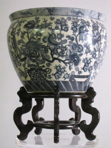 CHINESE EXPORT POTTERY URN/STONEWARE PLANTER: Attractive and elegant kiln-fired earthenware Vessel with solid base, blue and white glaze, urn 12"h X 18"W, stand 8 1/2"H X 14"W. No holes bored, natural overall, uniform crazing.