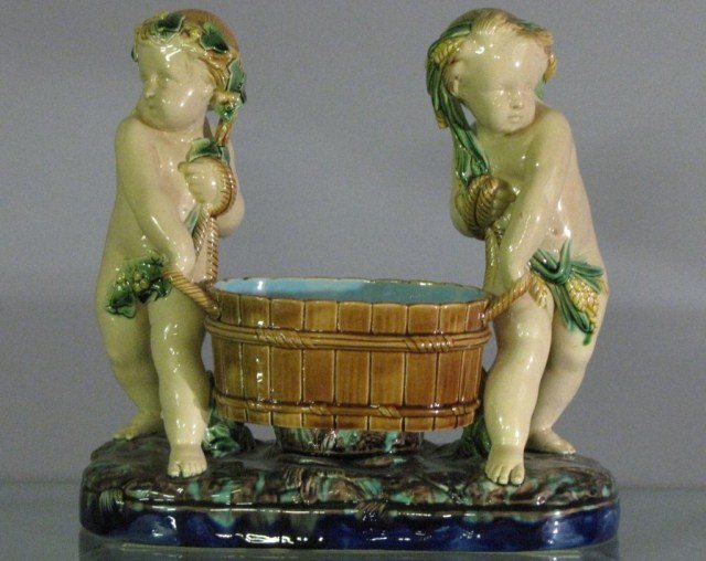 MINTON FIGURAL MAJOLICA POTTERY: Absolutely flawless figural pottery urn marked "Minton", 5"D X 11' X 11". Bright vibrant colors, no chips, cracks, dings or bruises. Quality is here people!
