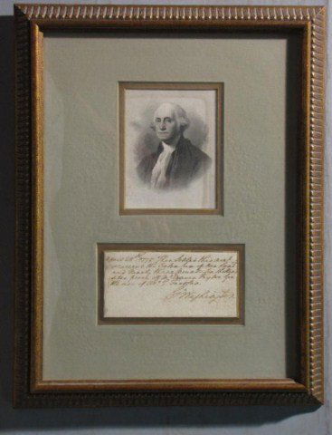 1775 GEORGE WASHINGTON SIGNED LETTER: Pre-Revolutionary War document, entirely hand penned on laid paper with sepia ink, professionally framed with a steel-point intaglio engraving from the middle 1800s. Washington's distinctly elegant,