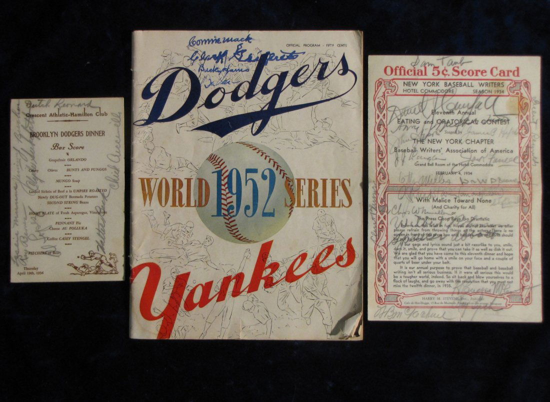 1952 AUTOGRAPHED WORLD SERIES BASEBALL PROGRAM: Official "Dodgers - Yankees" Program signed by Connie Mack and others (8.5" x 12" ---50 pages) note lower center dampstaining (as shown) multiple creases, cracks & chips, associated with age. Accompan