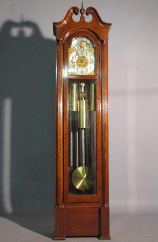 1953 GIBSON GRANDFATHER CLOCK: Herschede movements, 5-tubes and a pendulum, 75"H X 19"W X 12"D. In good "as found" condition.