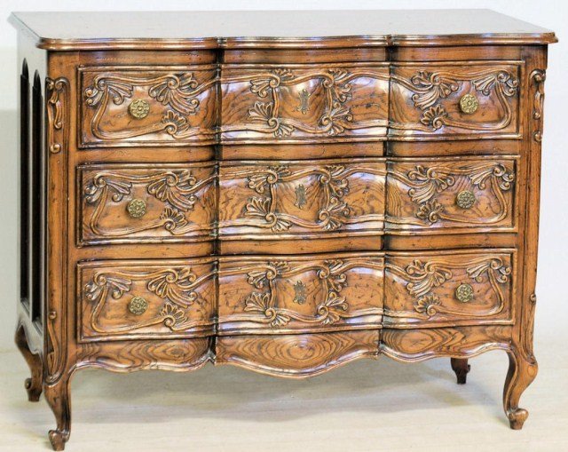 LOUIS XV STYLE COMMODE BY "HENREDON": Oak Commode with carved drawer facings, 34 1/4"H X 44"W X 19 1/4"D. Some old, minor repairs, otherwise in good condition.
