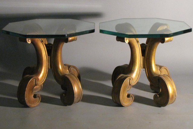 PAIR FRENCH REGENCY STYLE END TABLES: Four legged frames with octagonal glass tops, perfect for se as either end tables or nightstands. Only the most negligible signs of subtle wear, glass does show some light scuffs, scratches, etc. to t