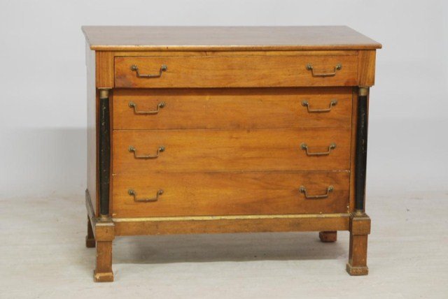 ITALIAN NEO-CLASSICAL STYLE COMMODE: Walnut Commode with ebonized columns, bronze capitals and trim, 33"H X 39 1/2"W X 20 1/2"D. Old repairs, otherwise in good condition.
