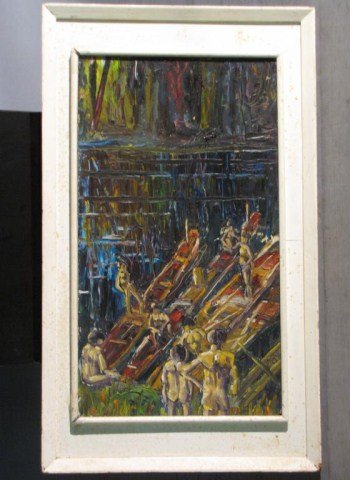 O/B PRIMITIVE ABORIGINAL TRIBAL RIVER - DRISCOLL: Painting features canoes, generous development of impasto, paint was deftly manipulated and a good balance maintained with vibrant color scheme, signed and dated "Michael Driscoll 1963", 11 3/4" X 20 