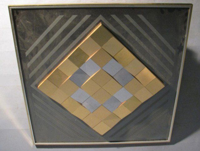 ABSTRACT METAL AND WOOD WALL- HUNG ART: Non-representational piece of mixed media artwork, signed in lower right corner. 41" X 41" X 2"D.