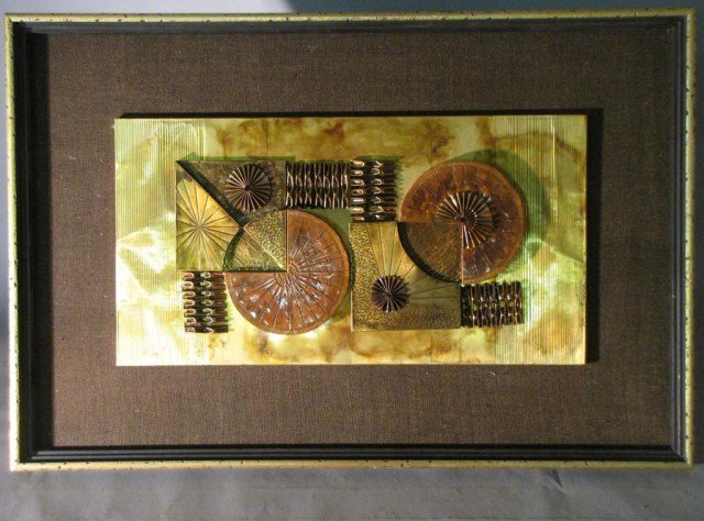 ABSTRACT BRASS AND COPPER WALL- HUNG SCULPTURE: Non-representational piece of three-dimensional mixed metal artwork., 33" X 49". Attractive natural overall toning and patina. Unsigned, though potentially corporate art from the 1970's.