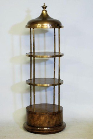 MASTERCRAFT CYLINDER FORM ETA GERE: Etagere with burl veneers, faux bamboo bronze columns, trim and rotunda top, unsigned, 67"H X 22 1/2"D. In good condition.