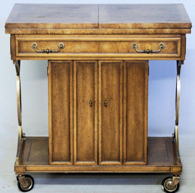 MASTERCRAFT LIQUOR CART: Fruitwood Cart with bronze trim and black formica top interior surface, 29 3/4"H X 30"W X 18"D, opens to 60"W. Surface has wear, otherwise in good "as found" condition.