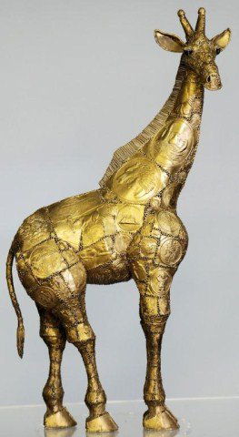 MODERN ART GIRAFFE SCULPTURE BY "LUCIANO": Artist crafted brass Giraffe sculpture made of many individual brazed panels, ebony semi-precious stone eyes and a malachite stone chest mount, signed by the artist on lower hoof Luciano Mecheon, Mexi