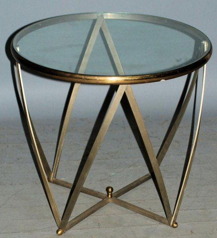 JOHN VESEY DESIGN TABLE: Modern glass top open 'basket weave' pattern to a mixed metals, chrome-plated base, 22"H X 24"Diameter. Light signs of wear.