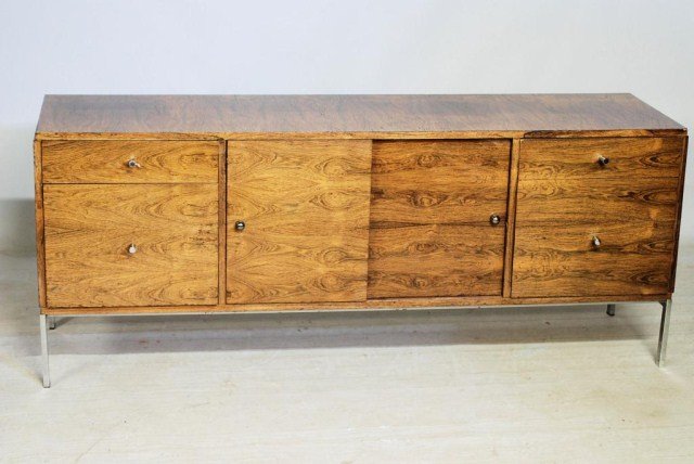 MID CENTURY MODERN ROSEWOOD DANISH CREDENZA: Rosewood Credenza with chrome base and pulls, signed "Vitze" Made in Denmark, 27 1/2"H X 68"W X 19"D. A few minor veneer chips, otherwise in good condition.