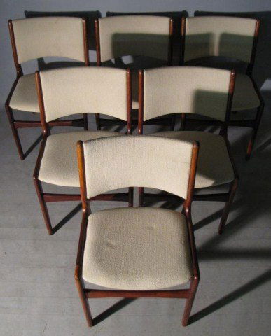 6-DANISH MODERN ROSEWOOD DINING CHAIRS: Classically inspired design, 20"D X 20"W X 31"H. This fine set of vintage seats show light signs of wear, otherwise in good "as found" condition.