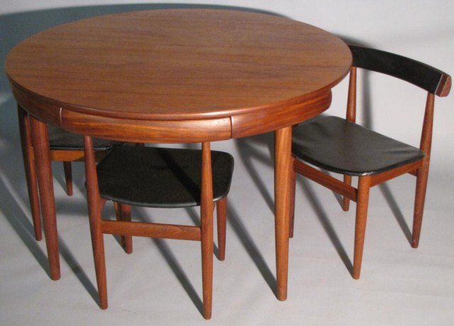 DANISH MODERN DINETTE SET-HANS OLSEN-FREM ROJLE: Excellent overall condition and remarkably well-preserved, 4-chairs: 20"W X 28"H X 16"D, seat height 17", closed table: 47" X 29"H, table leaf: 20". Make in Denmark - chairs and table are clearly mark