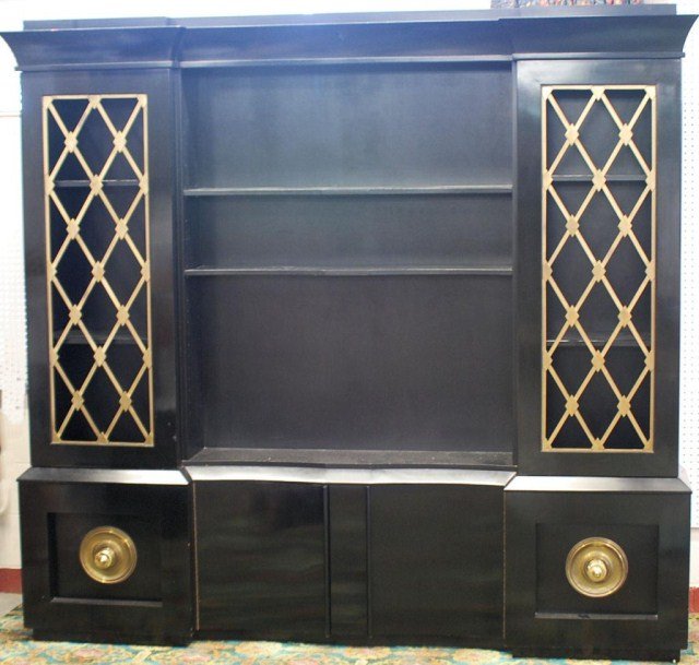 JAMES MONT DESIGN CABINET: Ebonized hardwood 2-part Cabinet with bronze diamond design door panel inserts, 85 1/4"H X 91 1/2"W X 15 1/4"D. In good "as found" condition.