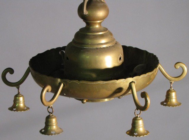 JAMES MONT DESIGN BRONZE CHANDELIER: Bronze, Asian influence, obviously a dominating heavy piece with good design sensibilities, 15"H X 25".