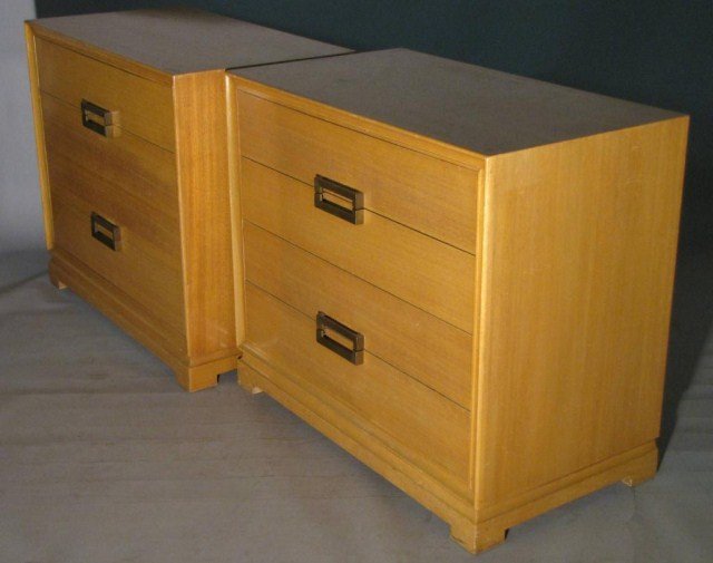 PAIR JAMES MONT DESIGN CHESTS: Blond mahogany veneer with Asian influence, 20" X 36" X 31H. Minor losses and surface scratches conducive of pieces of this age.