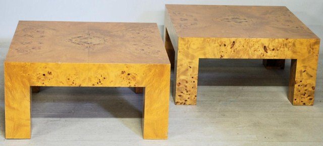 PR. MILO BAUGHMAN DESIGN PARSON'S STYLE LOW TABLES: Burl elm matched veneer Low Tables, 16"H X 31 1/2"D. In good condition.