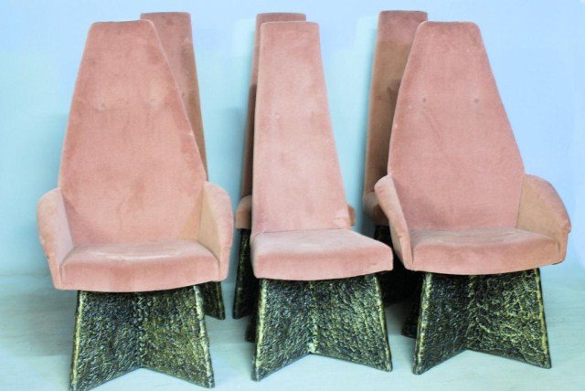 6-PAUL EVANS DESIGN BRUTALIST STYLE CHAIR: Chair with faux bronze bases and mauve color upholstery, 2-arms-47 1/2"H X 26 1/4"W X 17 1/2"D, 4-sides-47"H X 18 1/2"W X 18"D. Minor wear to the upholstery, otherwise in good "as found" condition.