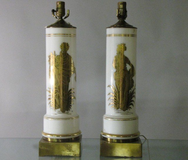 PAIR OF CLASSICAL LAMPS WITH GILT DECOR: Cylindrical French Regency nightstand lights, also suitable for a hall table below a mirror, signed as shown, traditionally inspired, probably from the 1960's or late 1950's, 6" X 6" X 22"H.