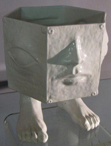 PEDRO FRIEDEBERG DESIGN CACHEPOT: Labeled "Taste Seller Sigma, Italy". Unusual Italian glazed pottery planter. Abstract cubist interpretation of integrated human elements - feet, eyes, nose and ears. Particularly light indications of