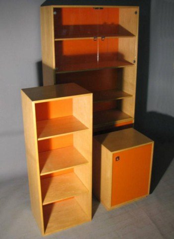 4-MODERN COMPARTMENT CABINET CASES: Probably from the 1970's, four sectional items that plainly present themselves as part of a series, 1-40"W X 16"D X 28"H, 1-40"W X 16"D X 52"H, 1-20"W X 16"D X 28"H, 1-20"W X 16"D X 52"H. Chrome hardw